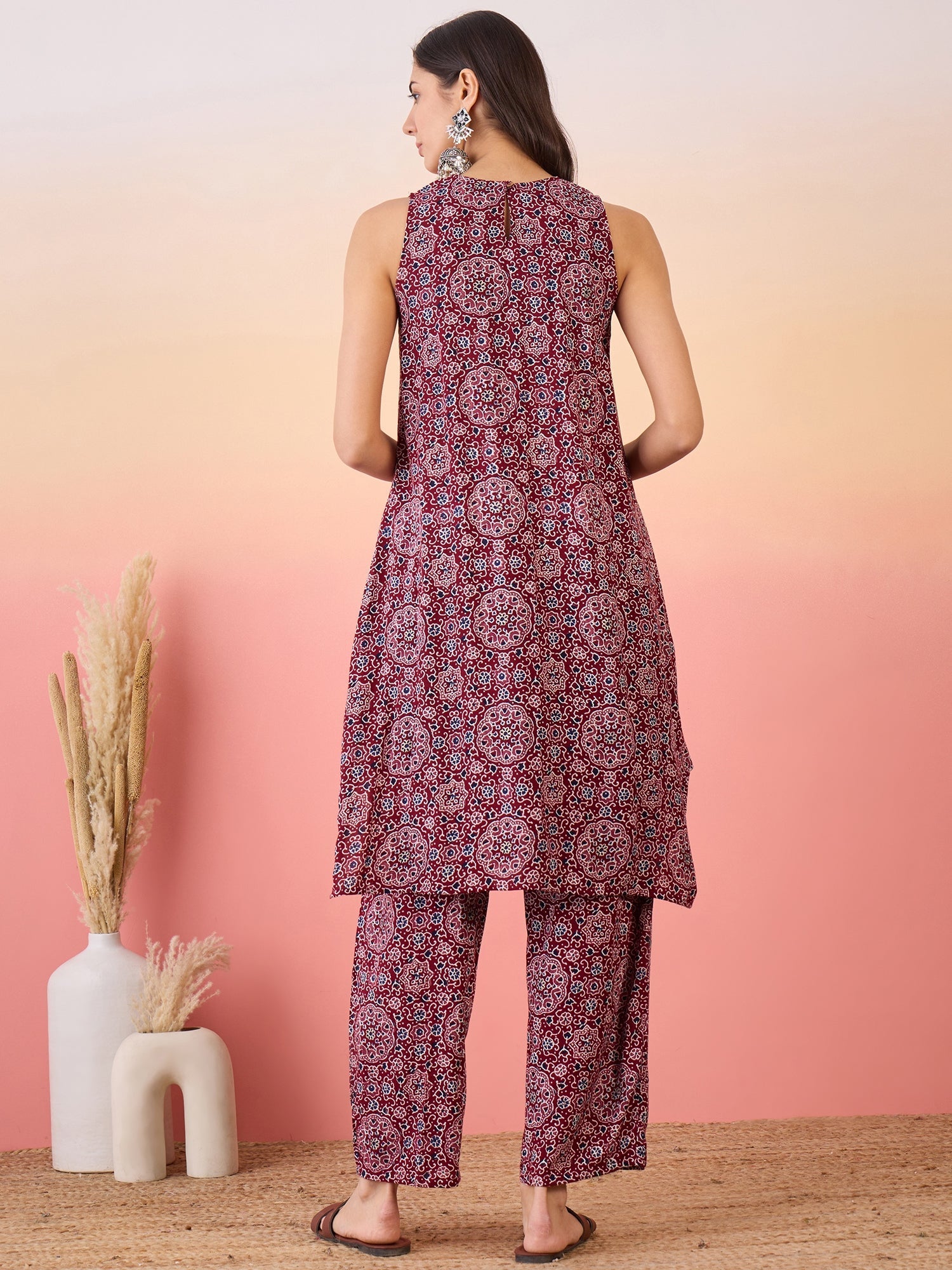 InWeave Maroon Navy Ajrakh Foil Round Neck Kurta Pant Set - Swadesiicart