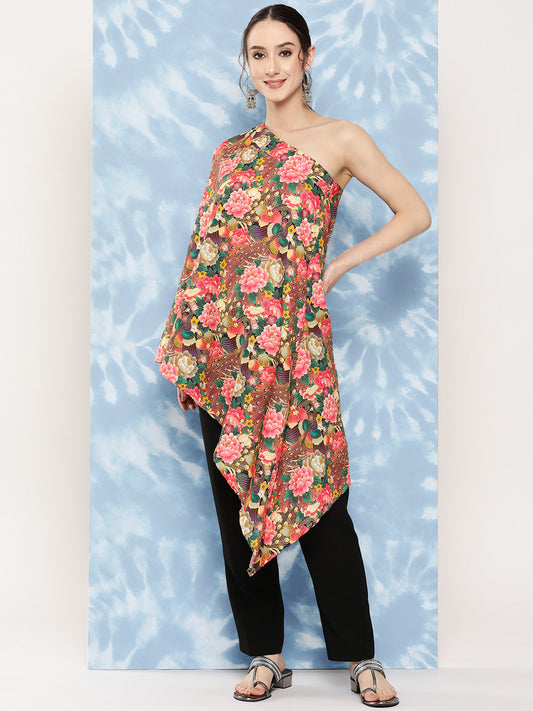 InWeave Women's Mutli Peacock Japanese Art Oneshoulder Top - Swadesiicart