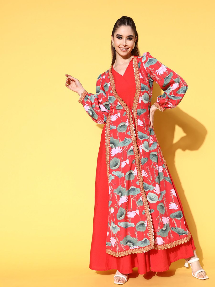 Ahalyaa Floral Printed Tie-Ups Maxi Ethnic Dress | Swadesiicart
