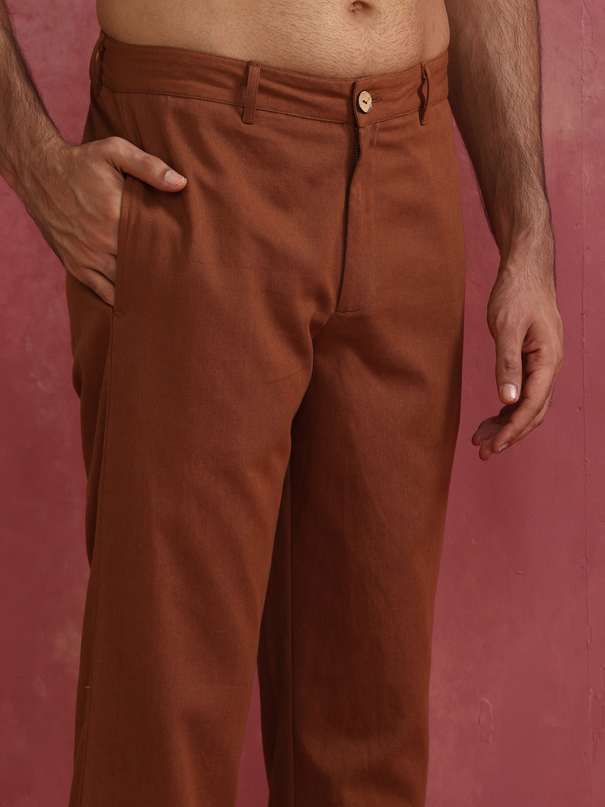 trueBrowns Men's Brown Cotton Twill Pants | Swadesiicart