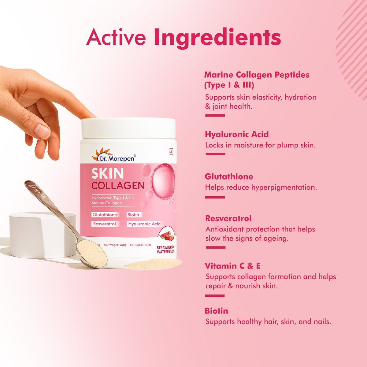 DR. Morepen Skin Collagen Powder with Glutathione, Hyaluronic Acid, Resveratrol &amp; Biotin Strawberry Watermelon Flavour