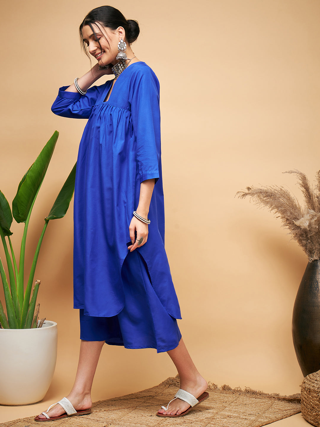 InWeave Women's Ink Blue Flared Kurta Palazzo Set - Swadesiicart