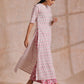 trueBrowns Pink Green Floral On White Block Print Cotton Slit Kurta Pant Set | Swadesiicart