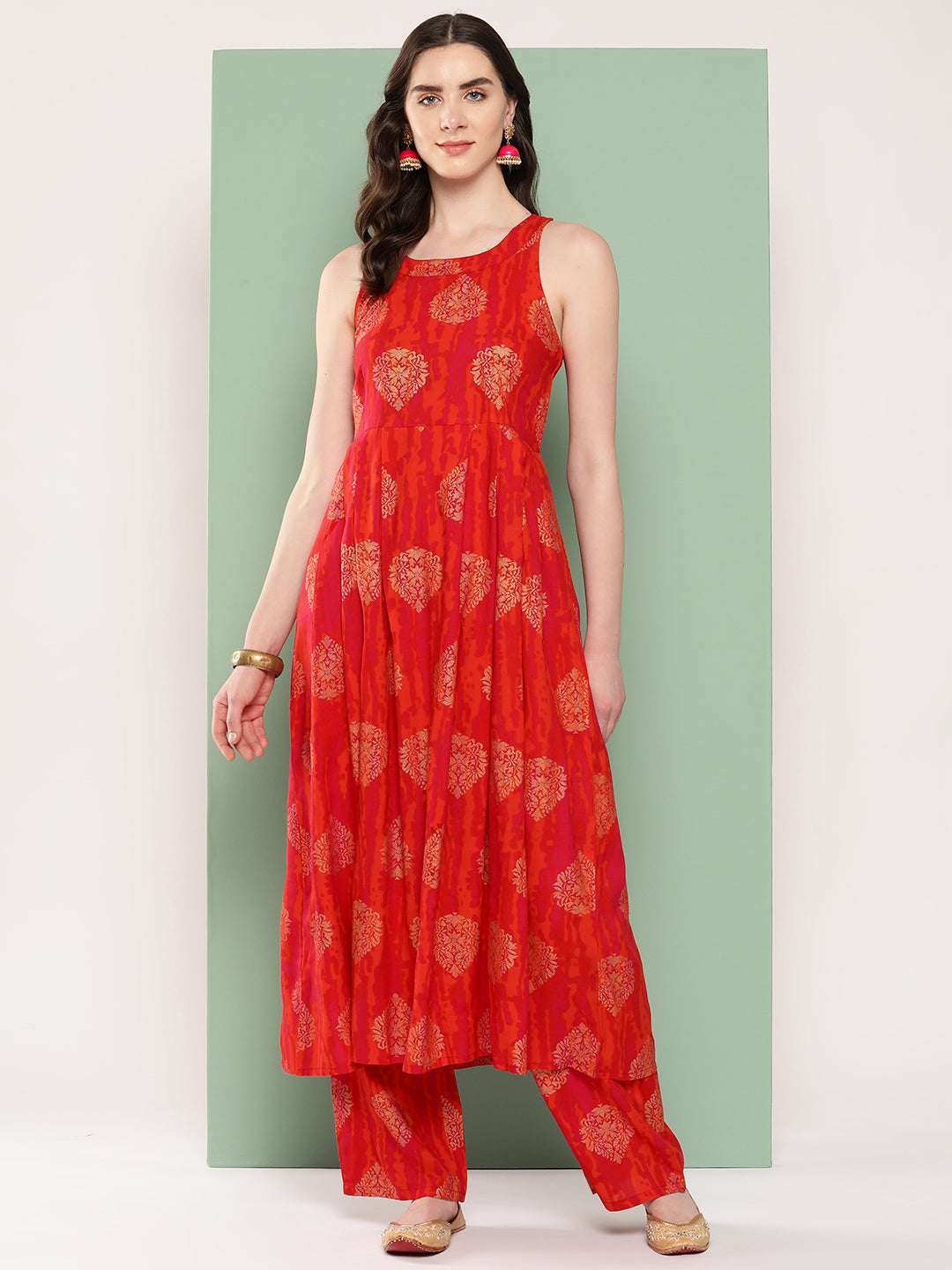 InWeave Women's Rust Mughal Print Raisa Back Detial Long Coords Set - Swadesiicart