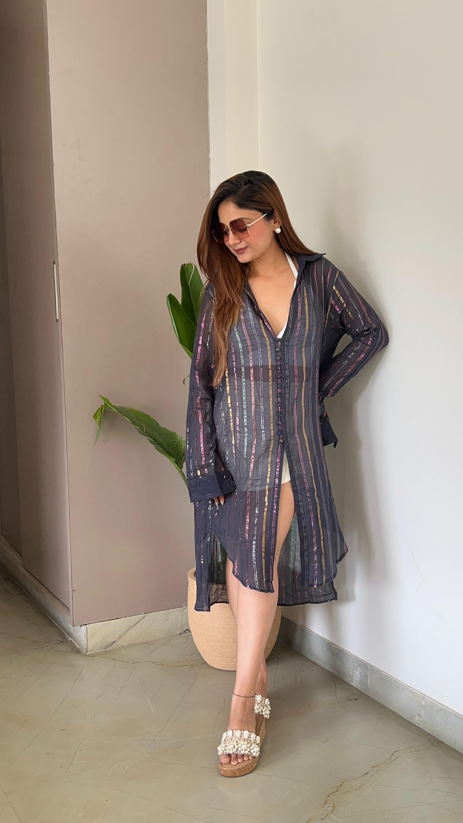 Noroke Organic Cotton Multi Color Lurex Beachwear Shirt | Swadesiicart