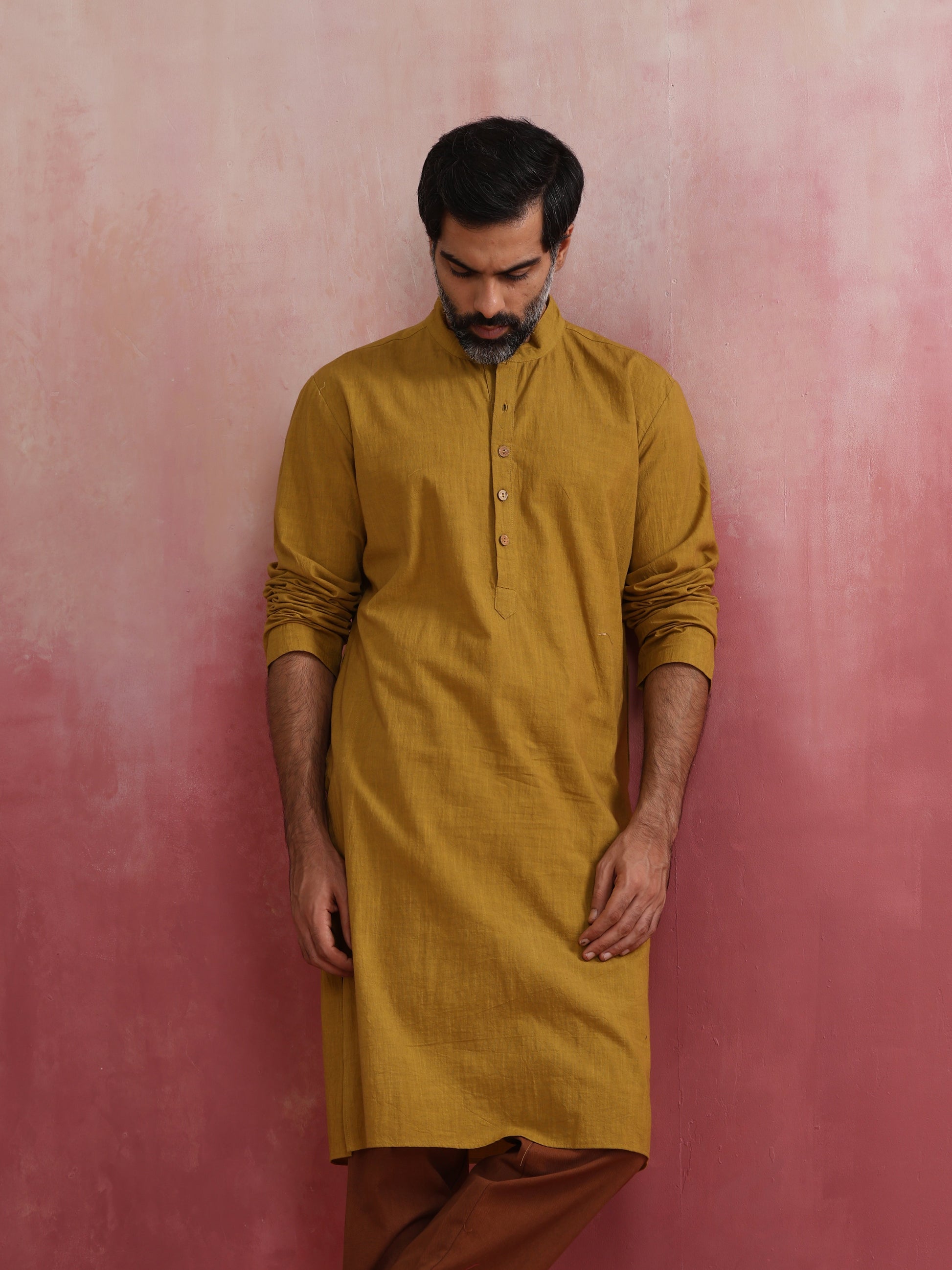 trueBrowns Men's Mustard Mandarin Collar Kurta | Swadesiicart