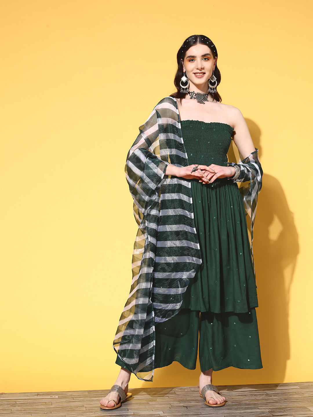 InWeave Women's Green Mirror Work Off Shoulder Kurta Set With Dupatta - Swadesiicart