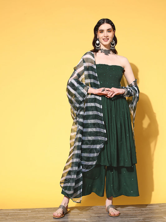 InWeave Women's Green Mirror Work Off Shoulder Kurta Set With Dupatta - Swadesiicart