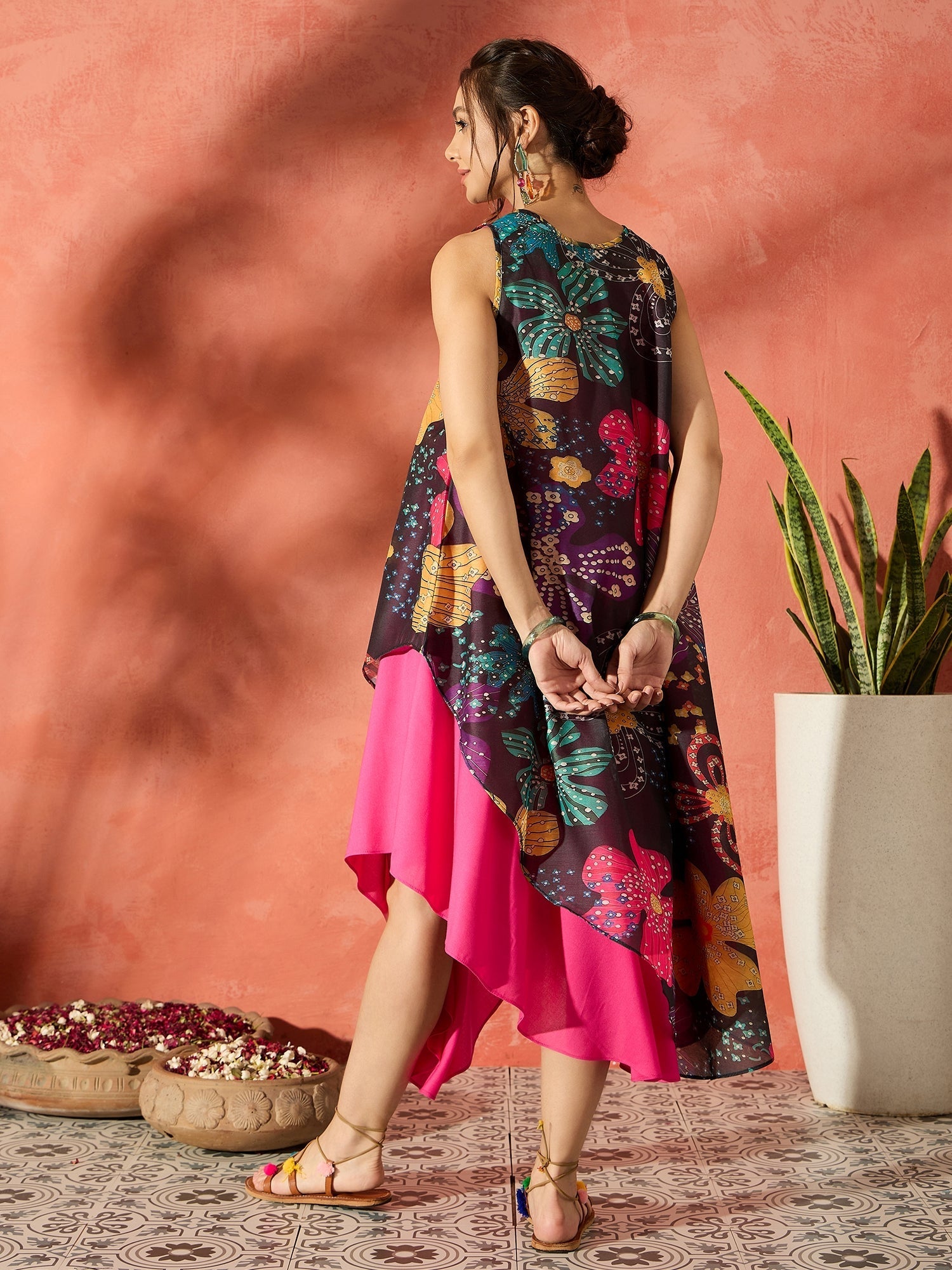 InWeave Black Floral Fuchsia Asymmetrical Dress - Swadesiicart