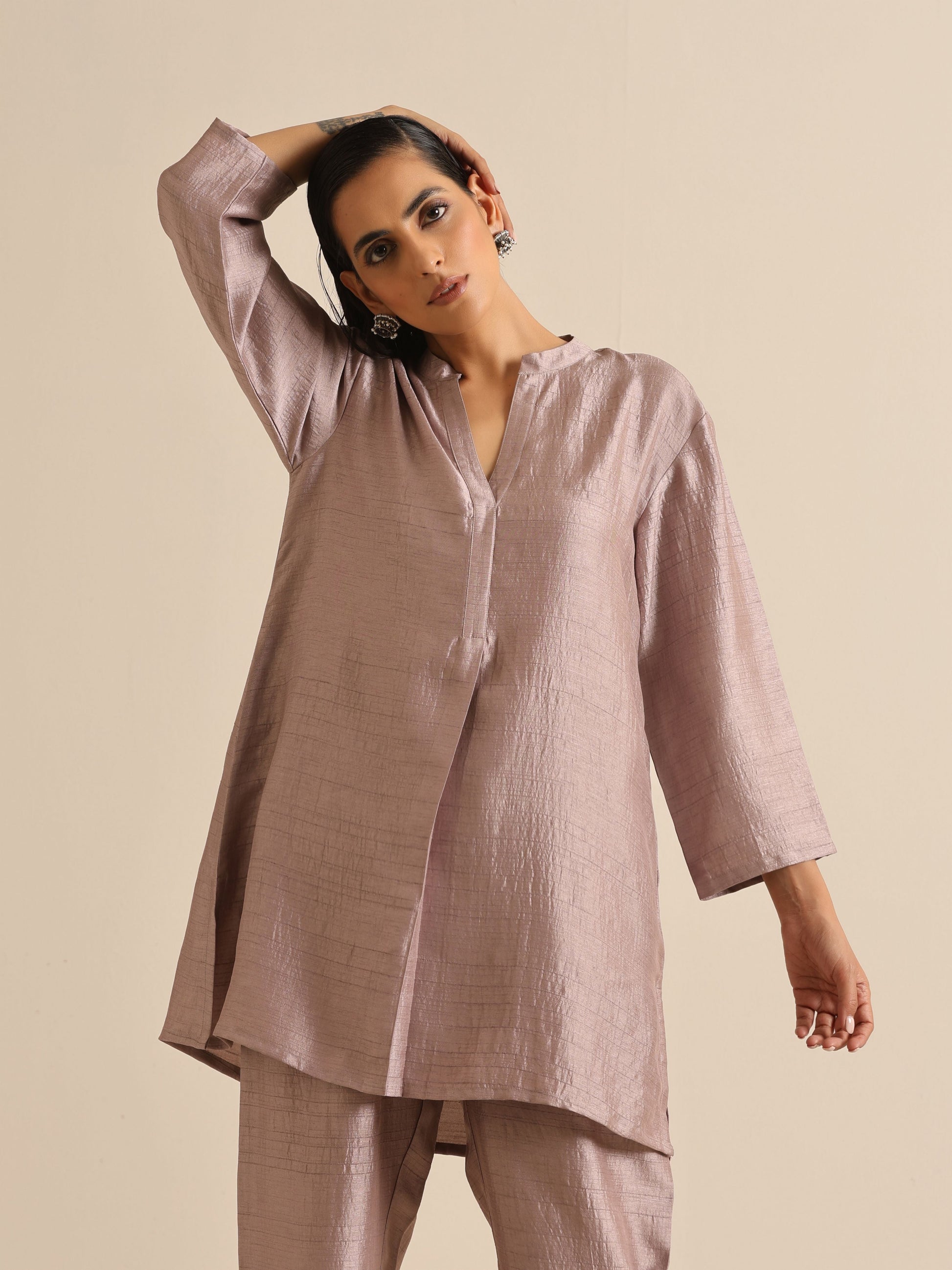 trueBrowns Grey Silk Texture Relaxed Co-Ord Set - Swadesiicart