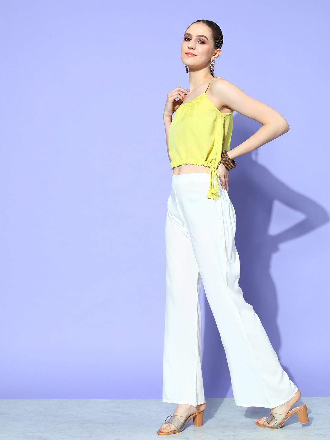 InWeave Women's Camel Brown Cream Pant Coord Set With Lime Green Crop Top - Swadesiicart