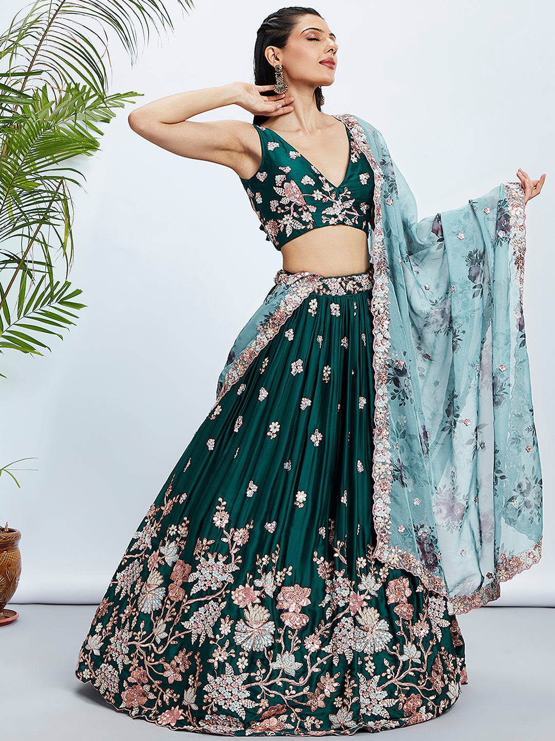 House of Panchhi Teal Pure Georgette Sequins And Thread Embroidery Lehenga Choli & Dupatta | Swadesiicart