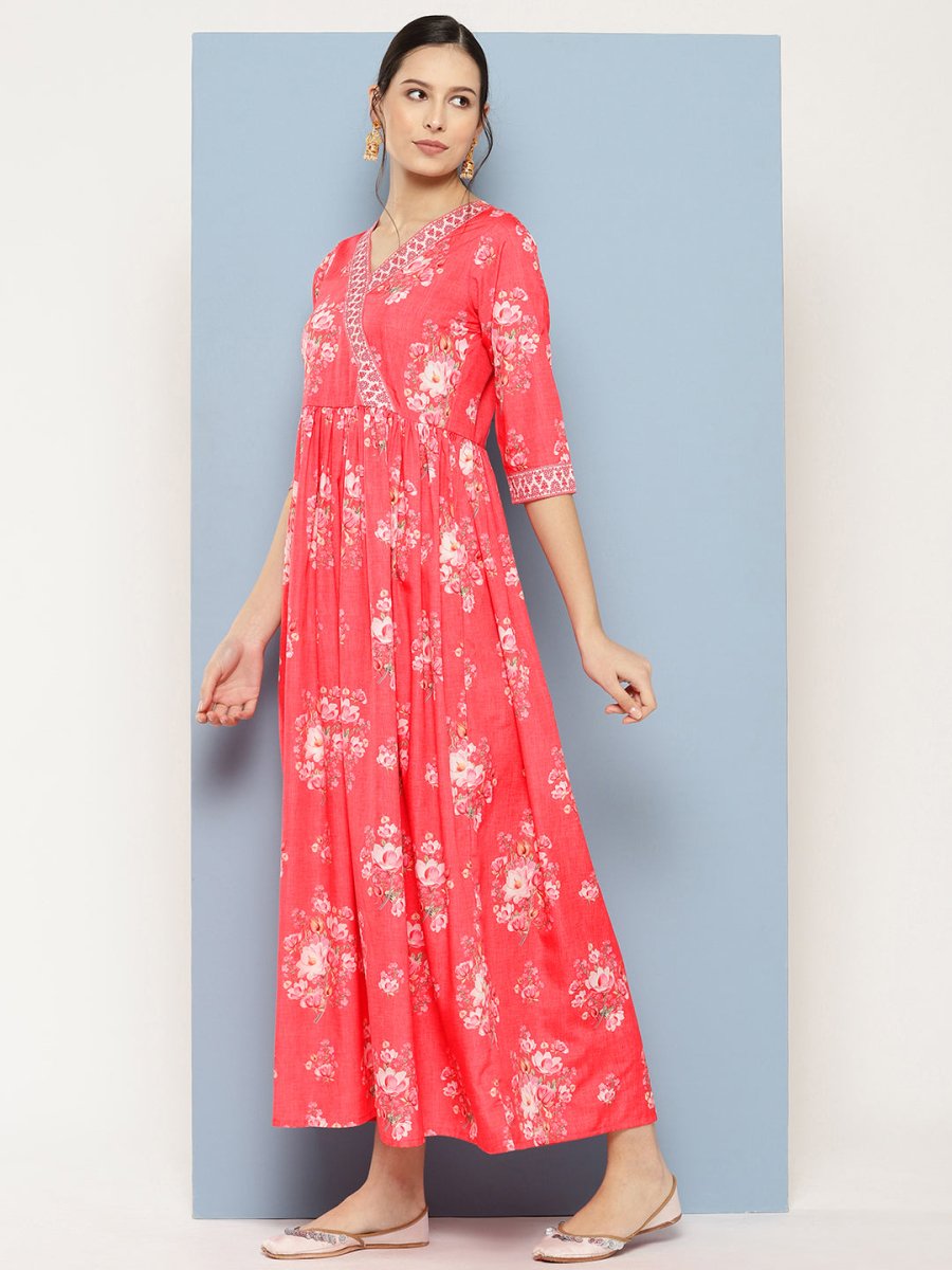 Ahalyaa Floral Printed Pleated Maxi Empire Ethnic Dress | Swadesiicart