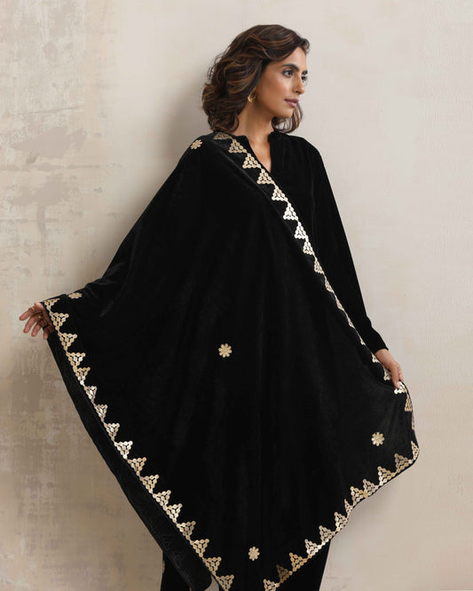 trueBrowns Black Velvet Gota Patti Stole | Swadesiicart