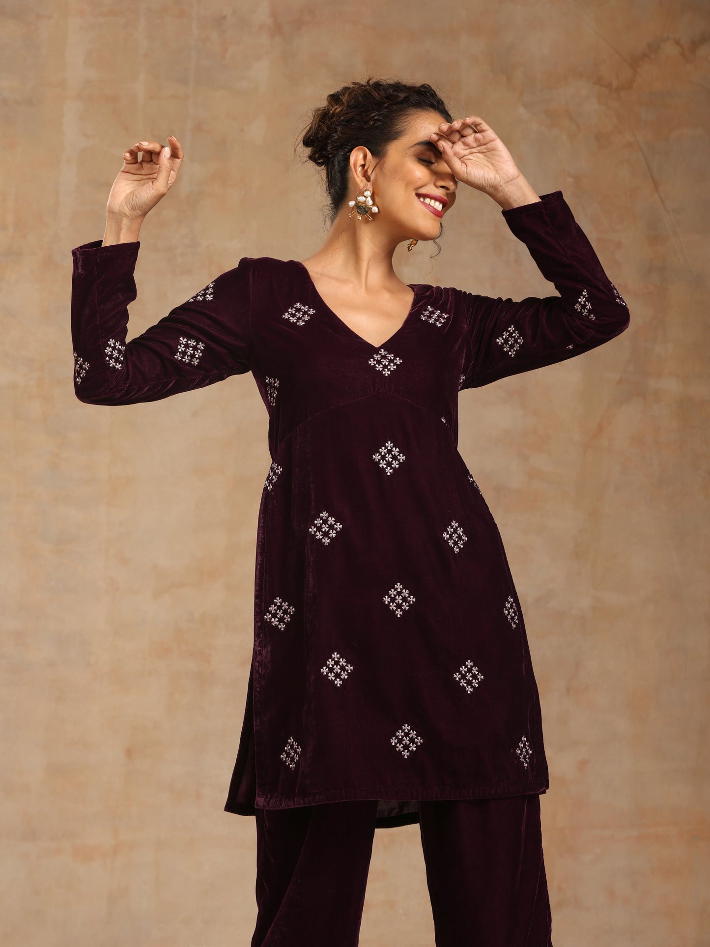 trueBrowns Wine Velvet Embroidered Co-ord Set - Swadesiicart