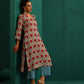 trueBrowns Ivory Red Circle Floral Muslin Silk Printed V-Neck Kurta Pant Set | Swadesiicart