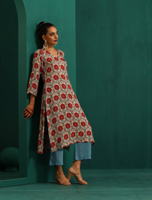 trueBrowns Ivory Red Circle Floral Muslin Silk Printed V-Neck Kurta Pant Set | Swadesiicart