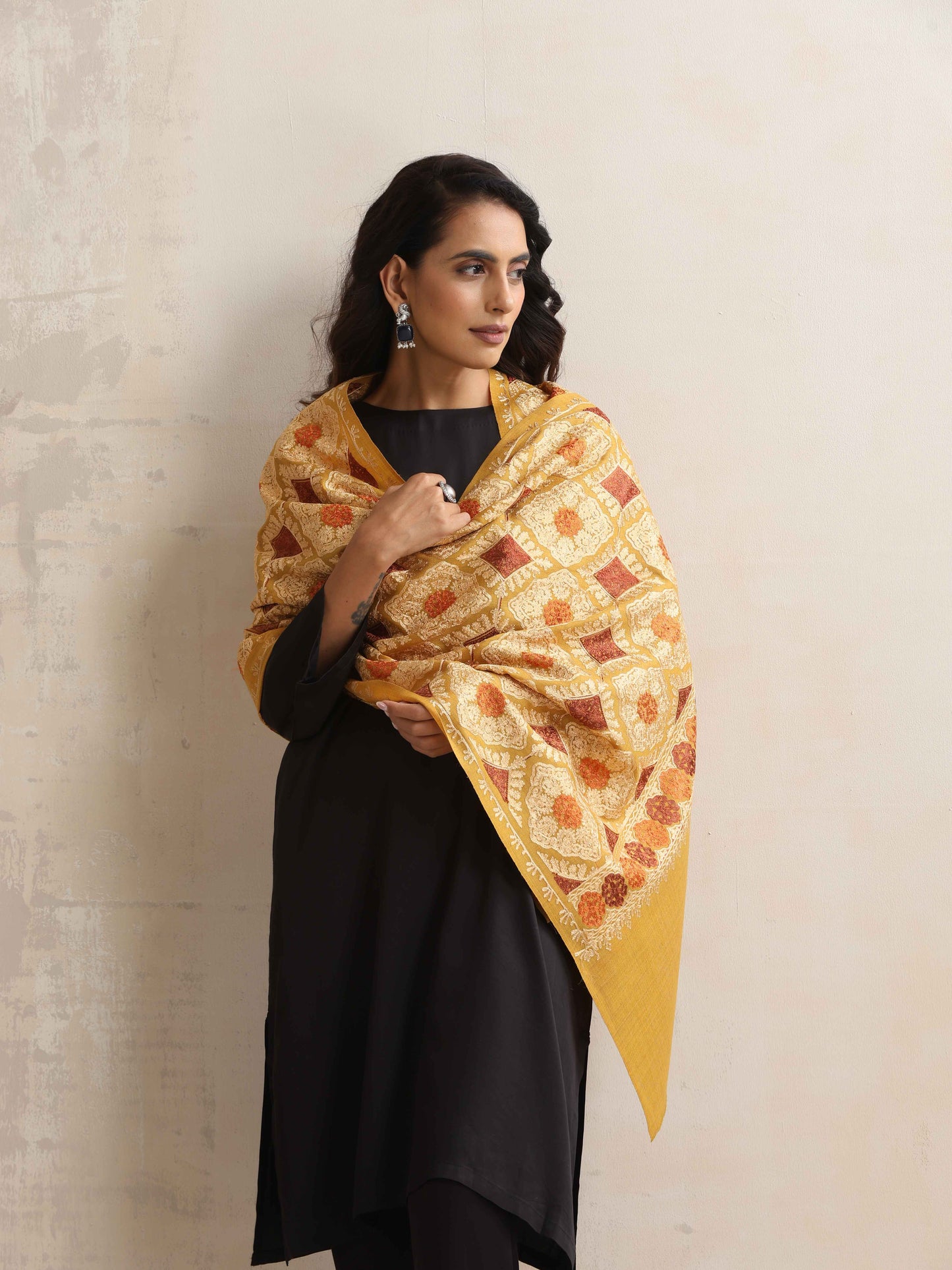 trueBrowns Mustard Embroidered Woollen Stole | Swadesiicart