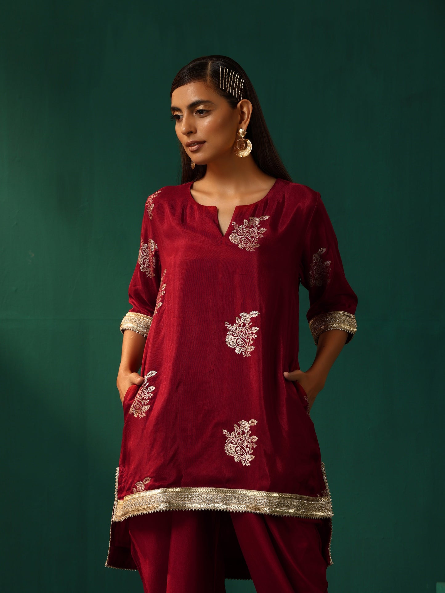 trueBrowns Maroon Floral Viscose Silk High Low Co-ord Set - Swadesiicart