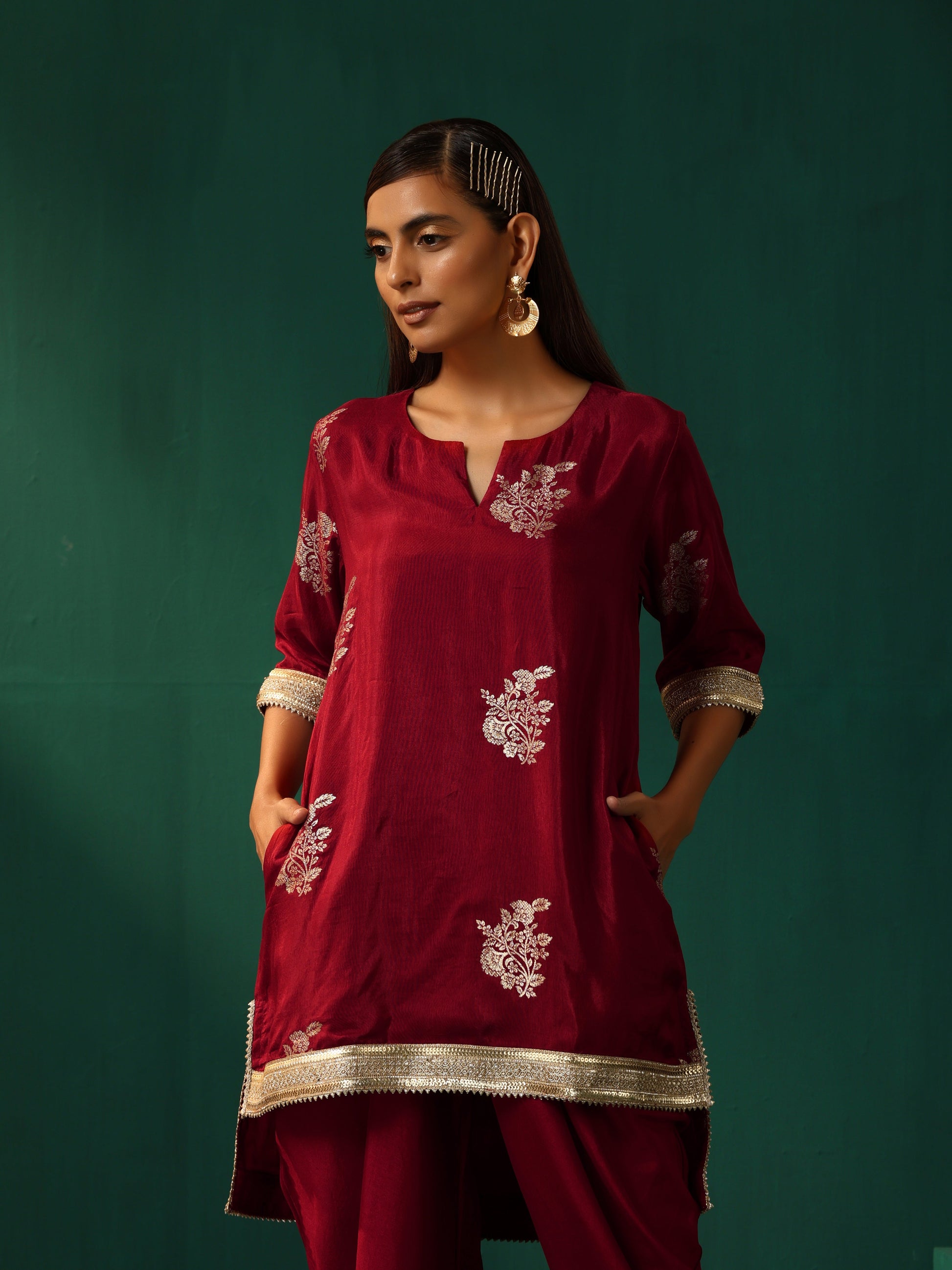 trueBrowns Maroon Floral Viscose Silk High Low Co-ord Set - Swadesiicart
