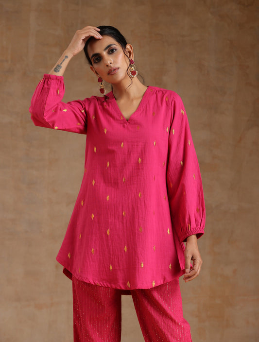 trueBrowns Pink Gold Cotton Short Co-Ord Set - Swadesiicart