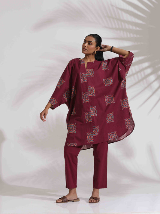 trueBrowns Purple Cotton Print Kurta Co-ord Set - Swadesiicart