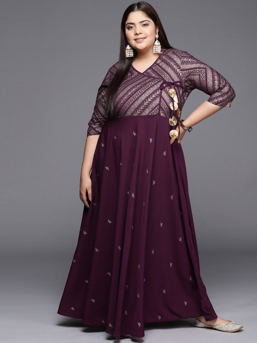 Ahalyaa Plus Size V-neck Maxi Ethnic Dress | Swadesiicart