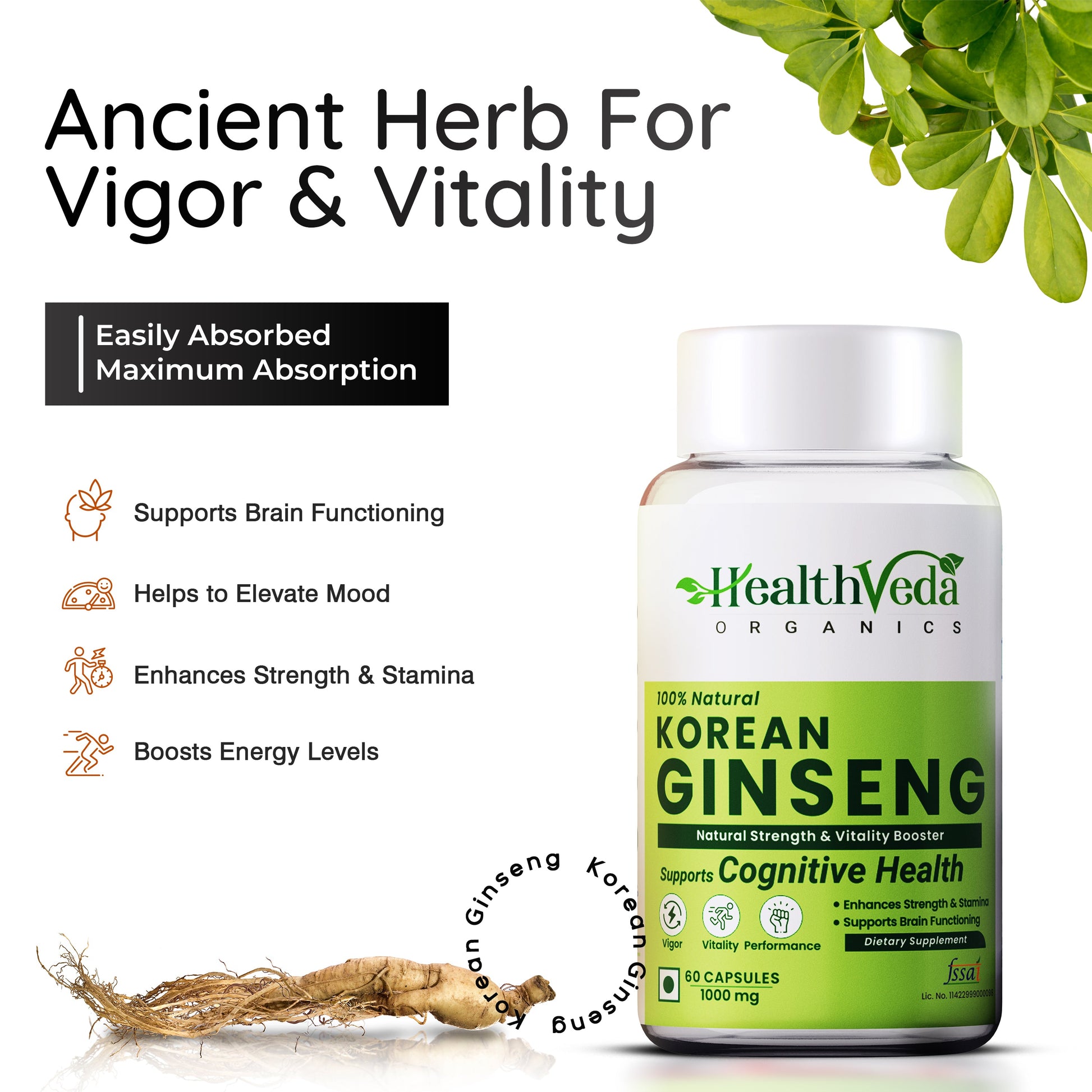 Health Veda Organics Plant Based Korean Red Ginseng Capsules - Swadesiicart