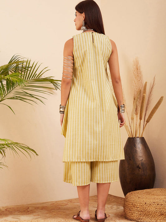 InWeave Women's Light Yellow Lurex Kantha Mandarin Neck Kurta Palazzo Set - Swadesiicart