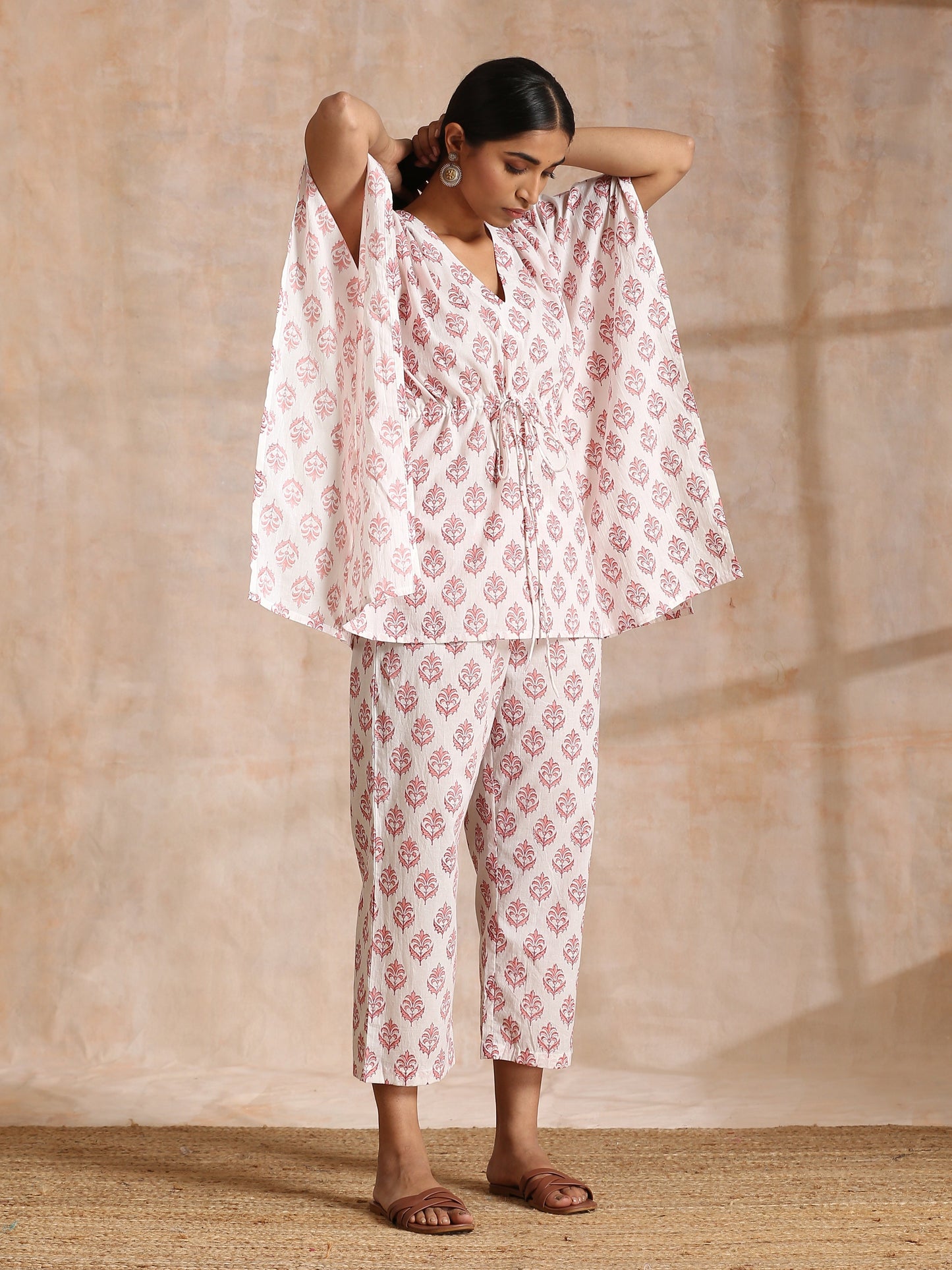 trueBrowns Pink Buta On White Block Print Cotton Kaftan Co-Ord Set - Swadesiicart
