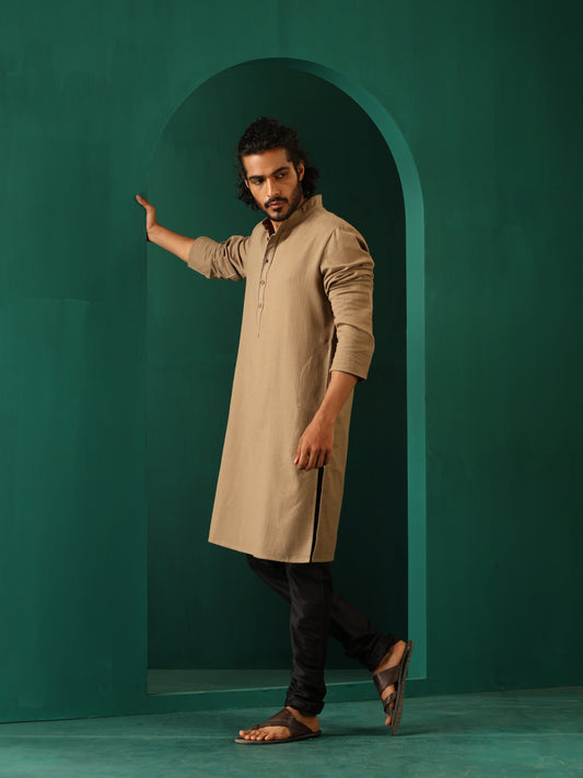 trueBrowns Men's Beige Dobby Textured Kurta | Swadesiicart