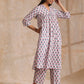 trueBrowns White With Pink Blue Floral Block Print Cotton Flared Slit Kurta Pant Set | Swadesiicart