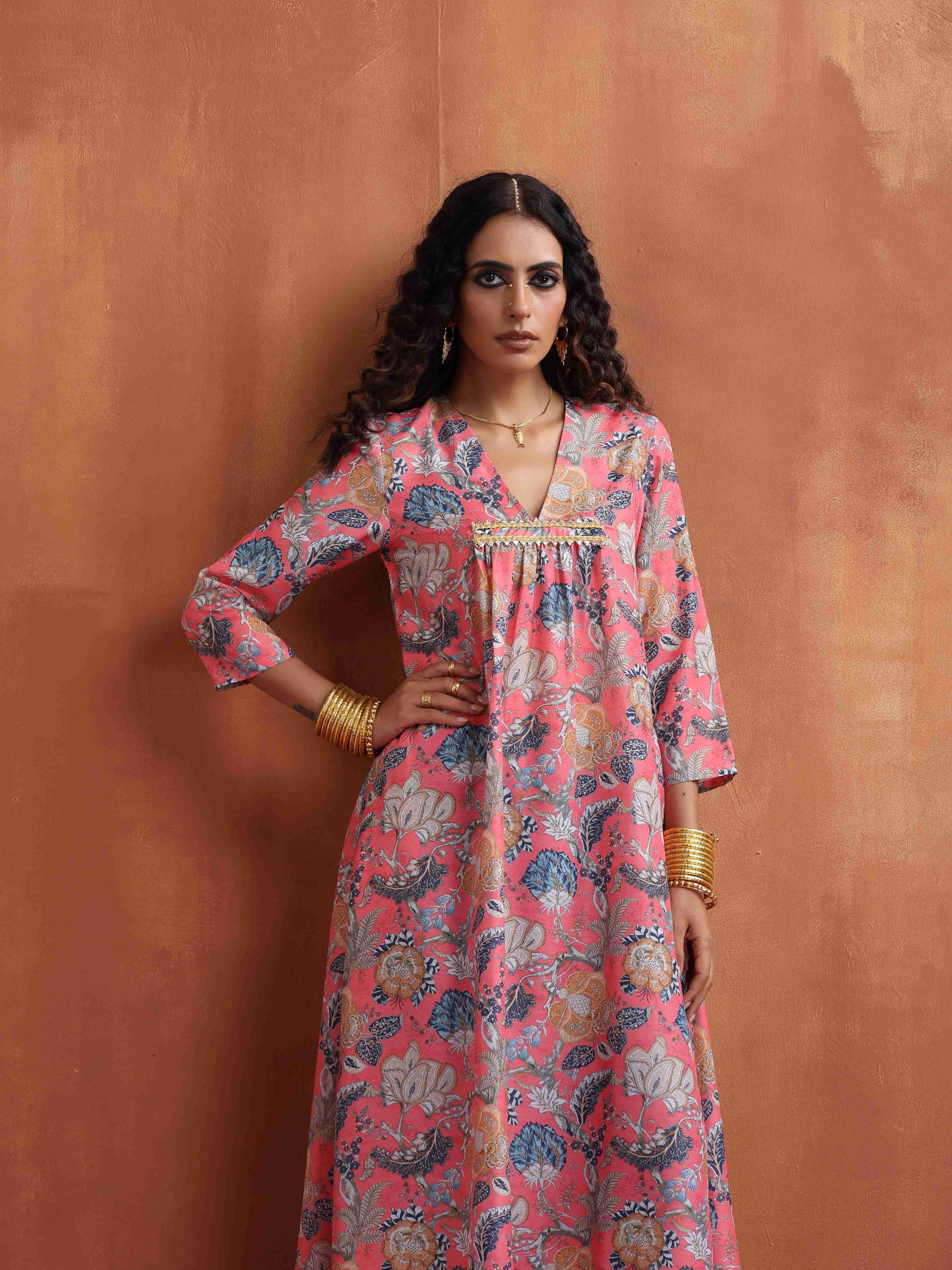 trueBrowns Orange Print A-line Kurta Set | Swadesiicart