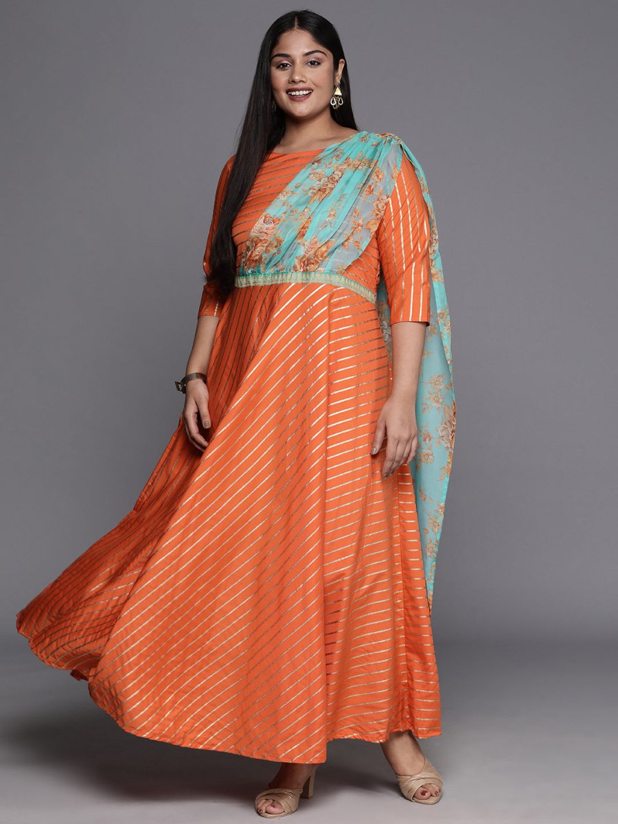 Ahalyaa Plus Size Boat neck Maxi Ethnic Dress | Swadesiicart