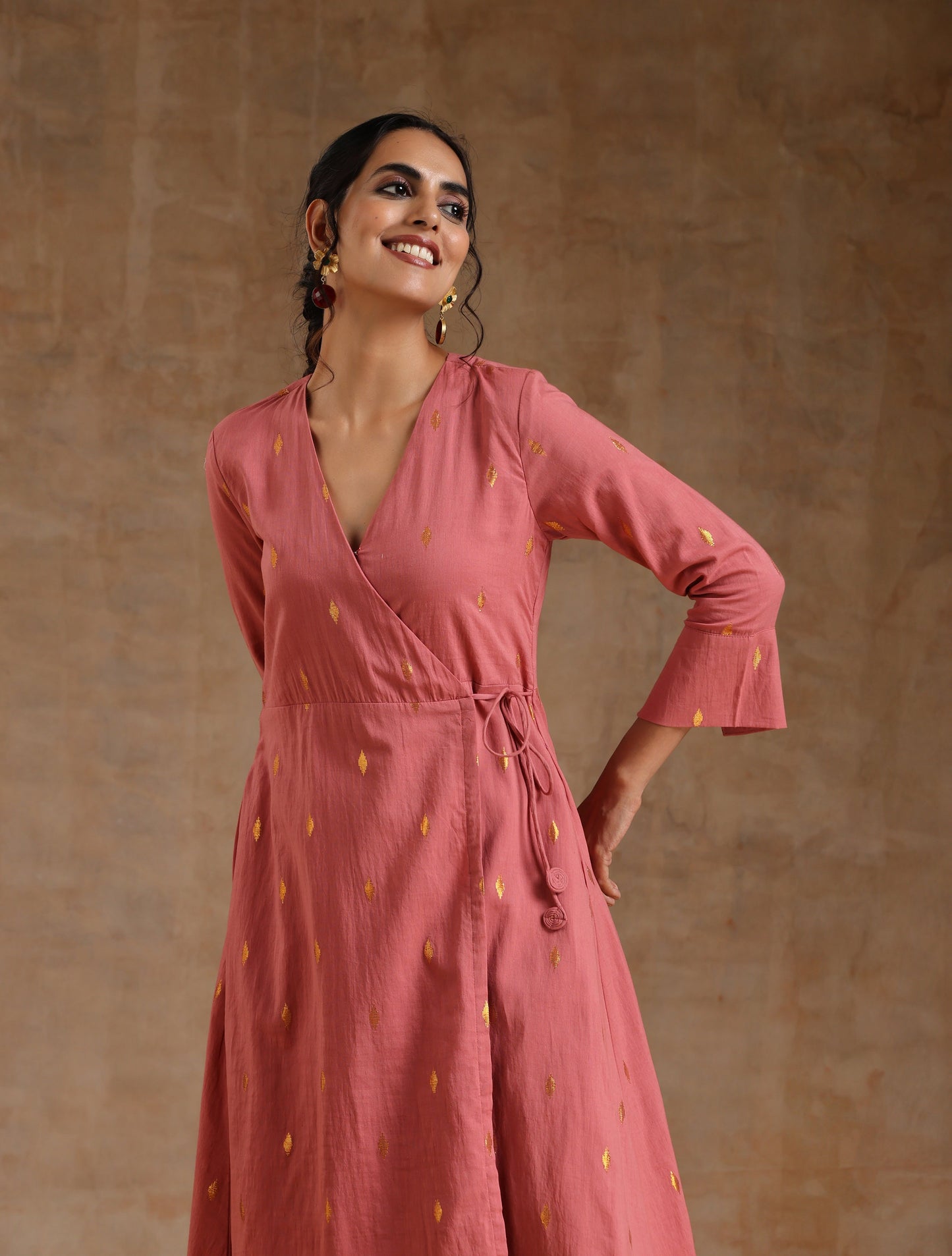 trueBrowns Blush Gold Cotton Angrakha Kurta Set | Swadesiicart