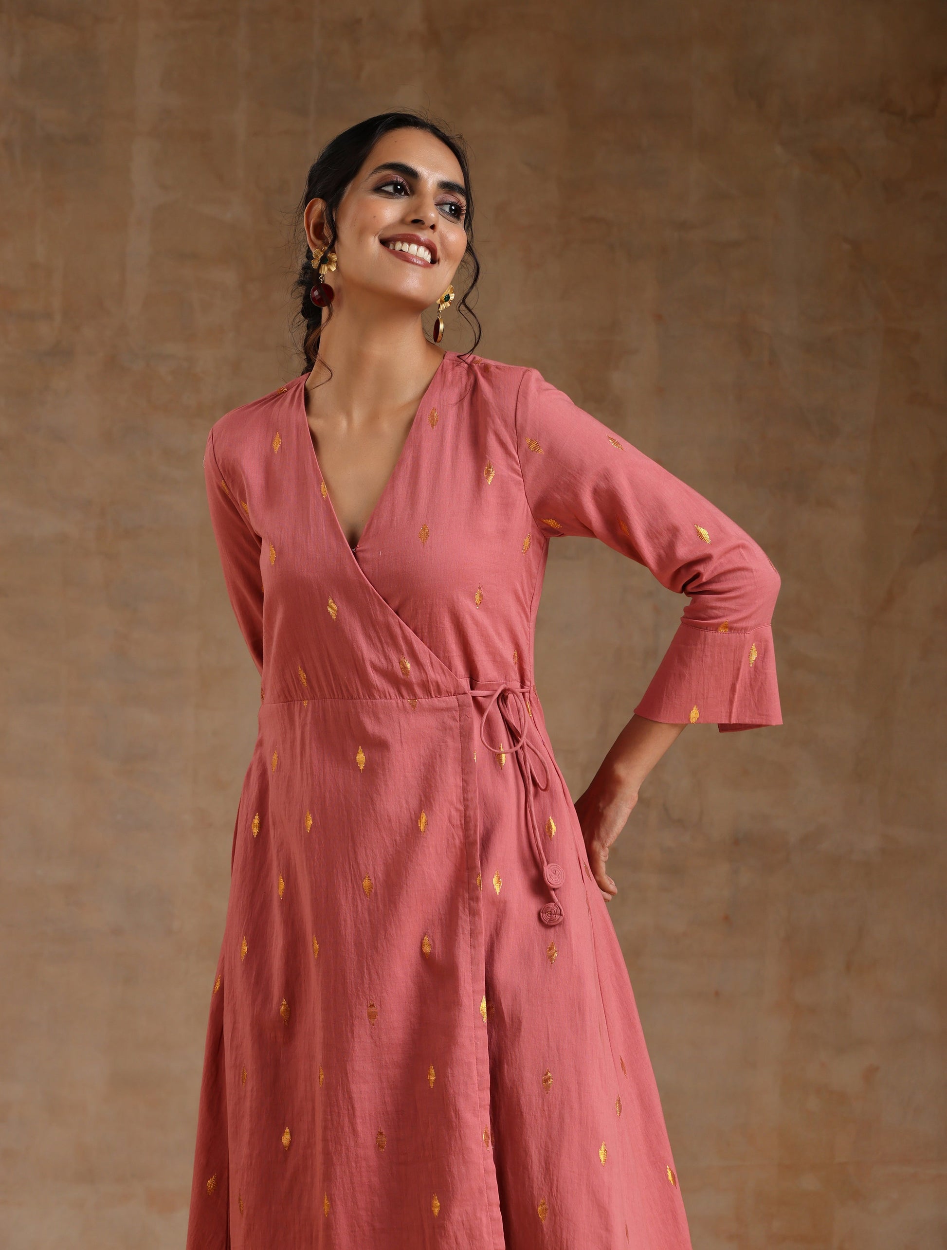 trueBrowns Blush Gold Cotton Angrakha Kurta Set | Swadesiicart