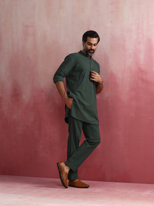 trueBrowns Men's Green Cotton Mandarin Collar Kurta Co-ord set - Swadesiicart