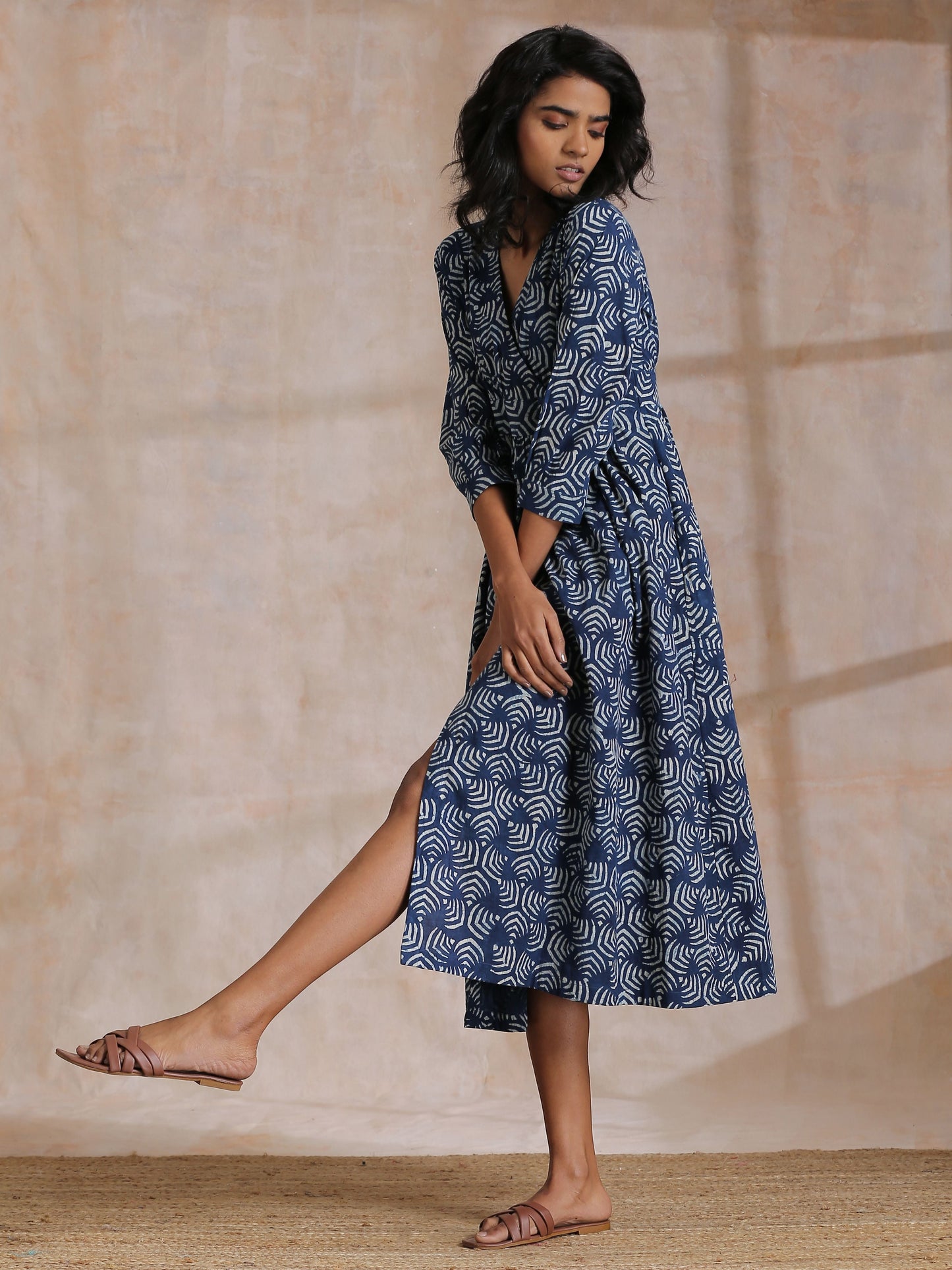 trueBrowns Indigo Dabu Overall Print Cotton Wrap Dress | Swadesiicart