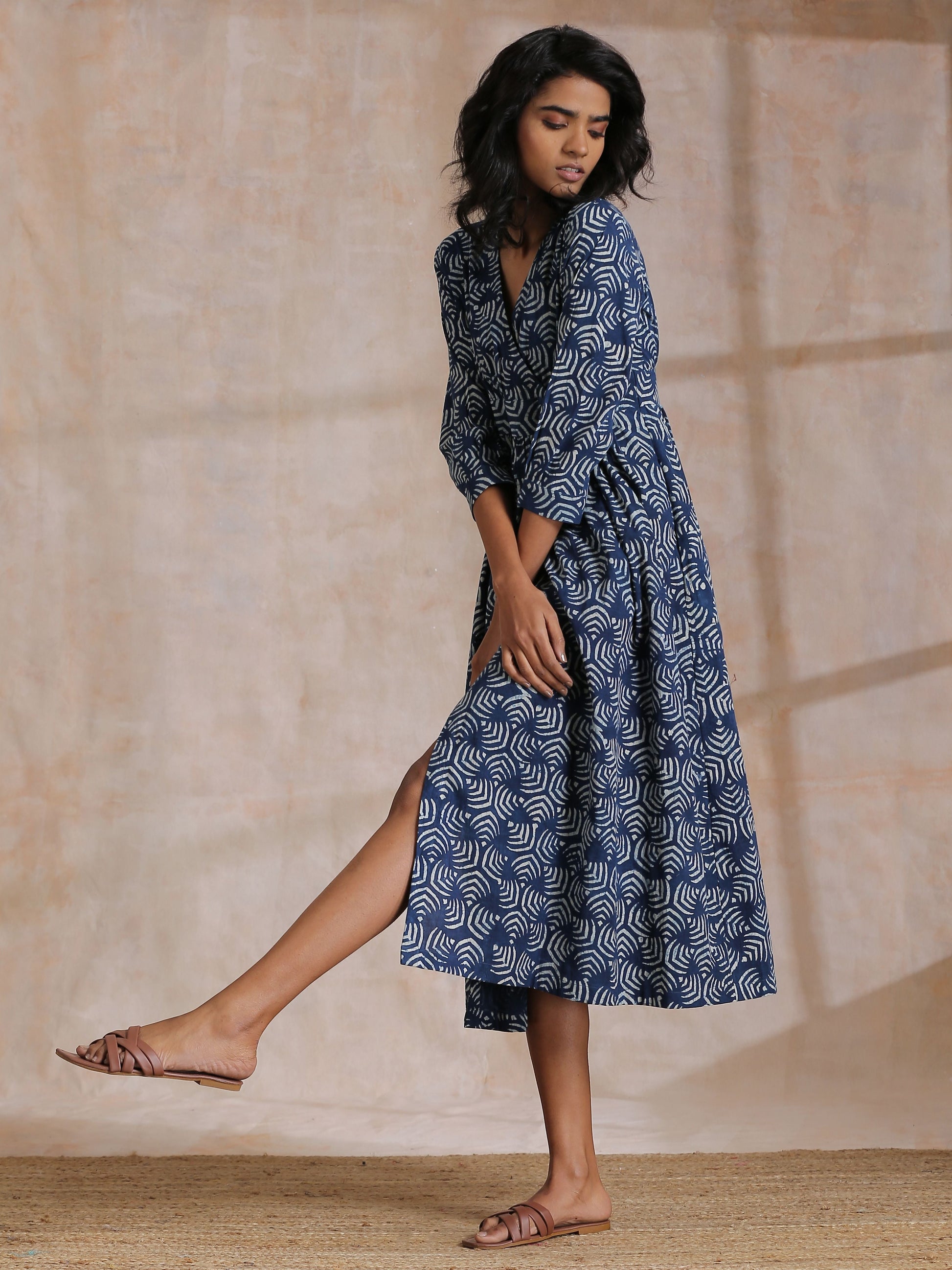 trueBrowns Indigo Dabu Overall Print Cotton Wrap Dress | Swadesiicart