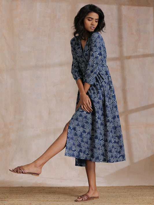 trueBrowns Indigo Dabu Overall Print Cotton Wrap Dress | Swadesiicart