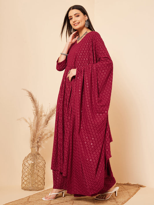 InWeave Women's Maroon Chikankari Long Anarkali Kurta Palazzo Set W Dupatta - Swadesiicart