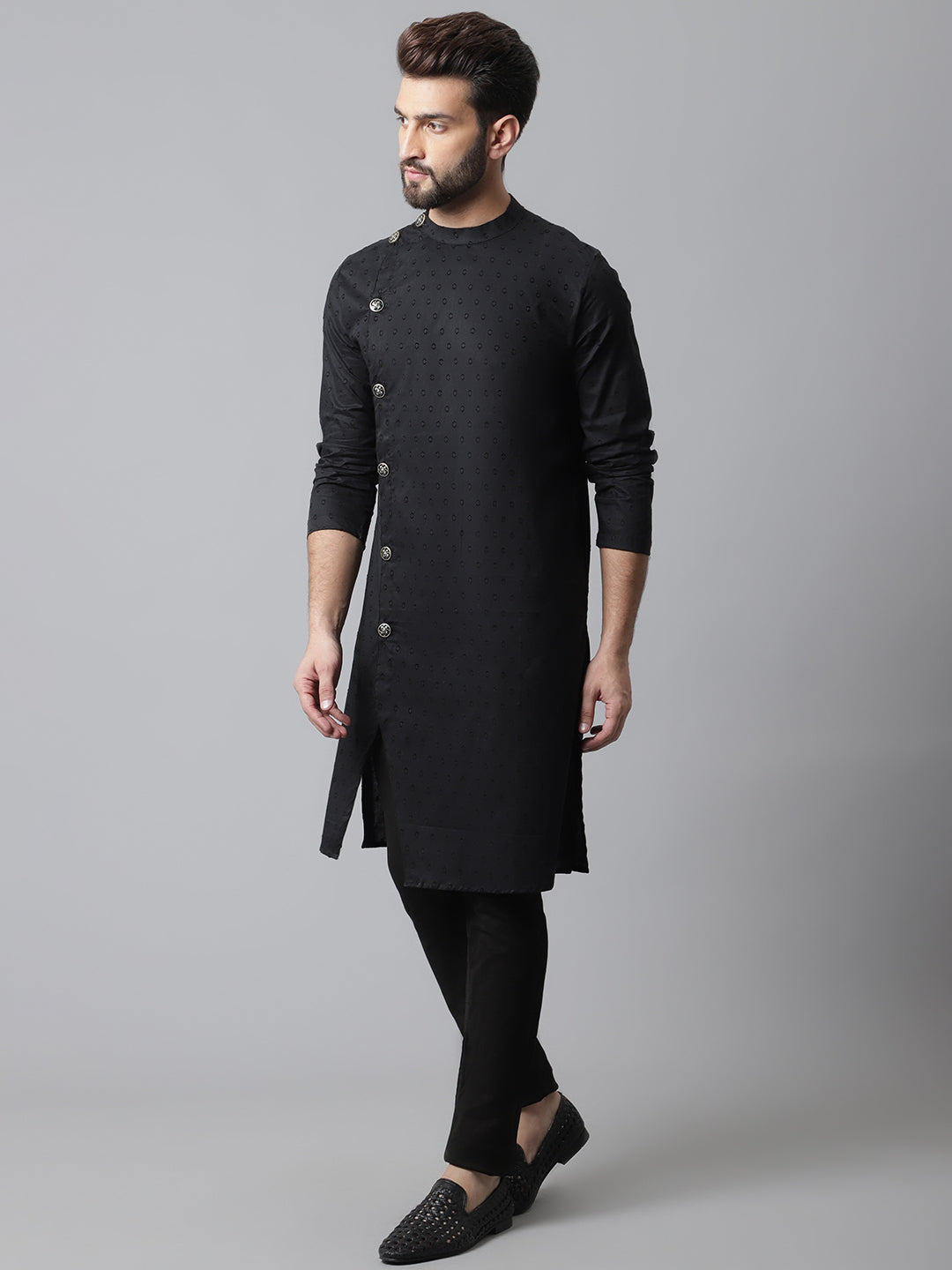 Even Apparels Black Pure Cotton Kurta With Band Collar | Swadesiicart