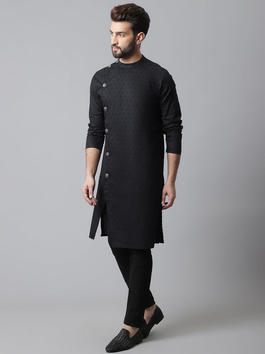 Even Apparels Black Pure Cotton Kurta With Band Collar | Swadesiicart