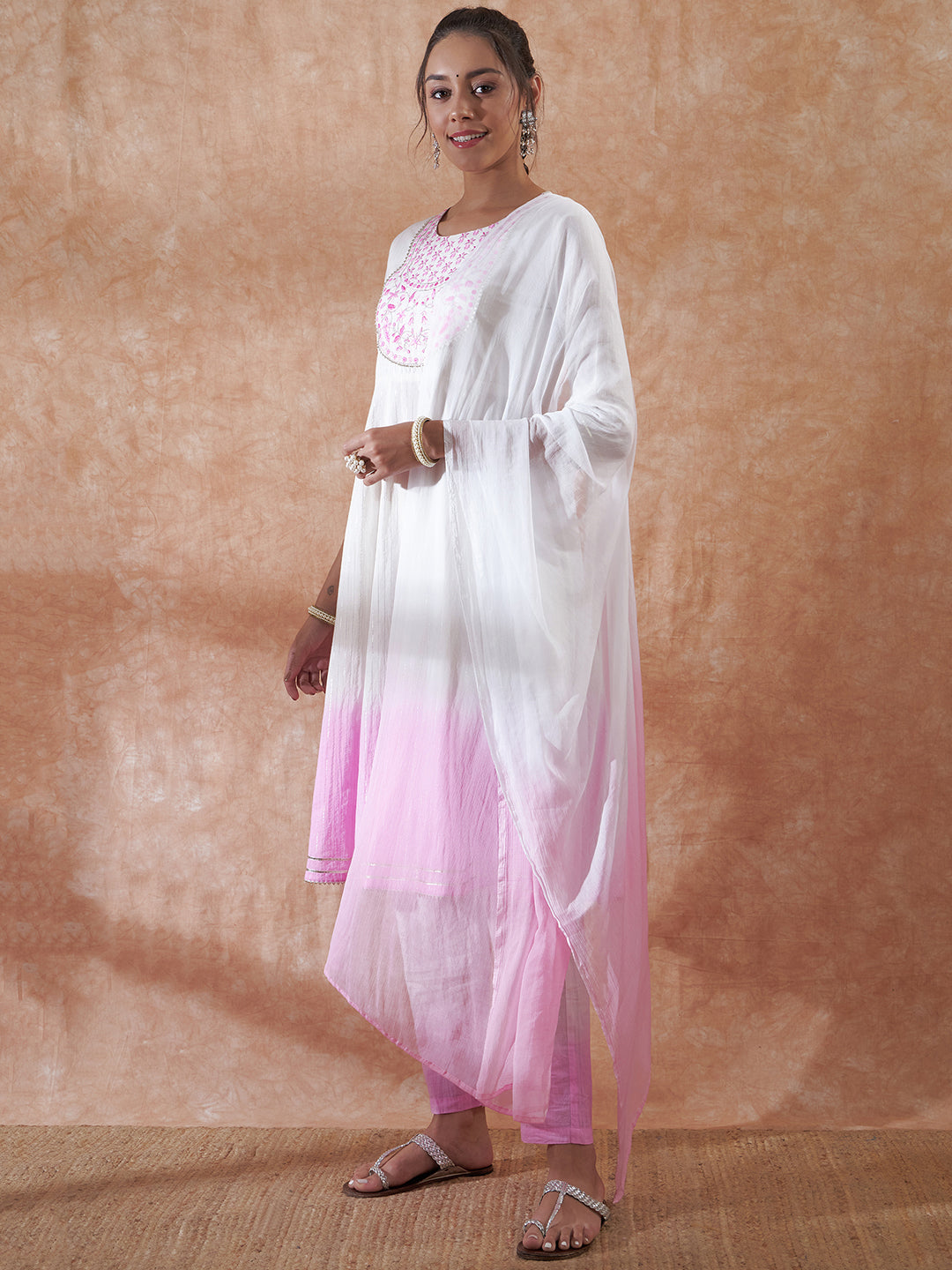InWeave Women's White Lurex Pink Dye Patch Gota Anarkali Kurta Set W Dupatta - Swadesiicart