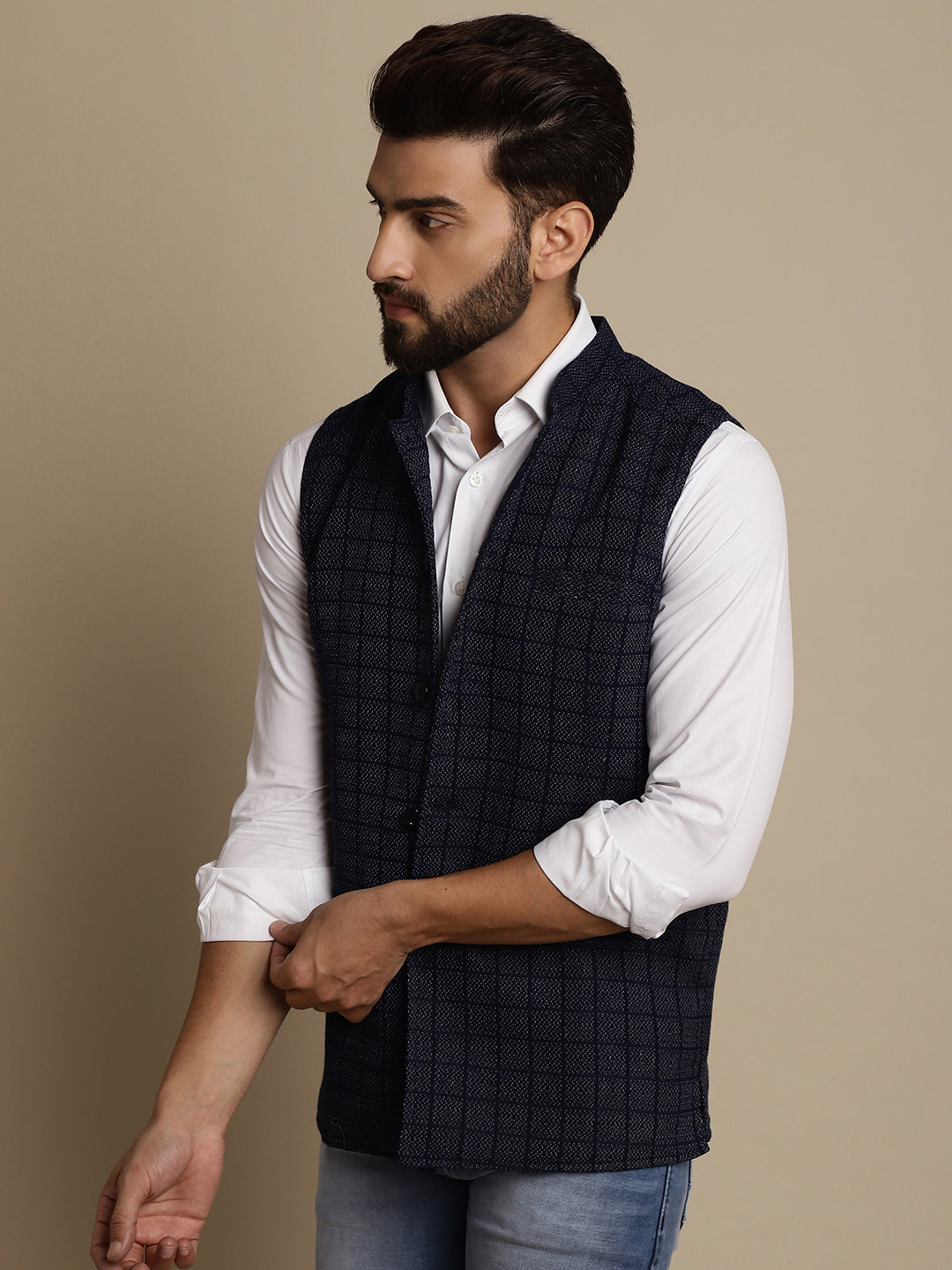 Even Apparels Men's Blue Mandarin Collar Waistcoat | Swadesiicart