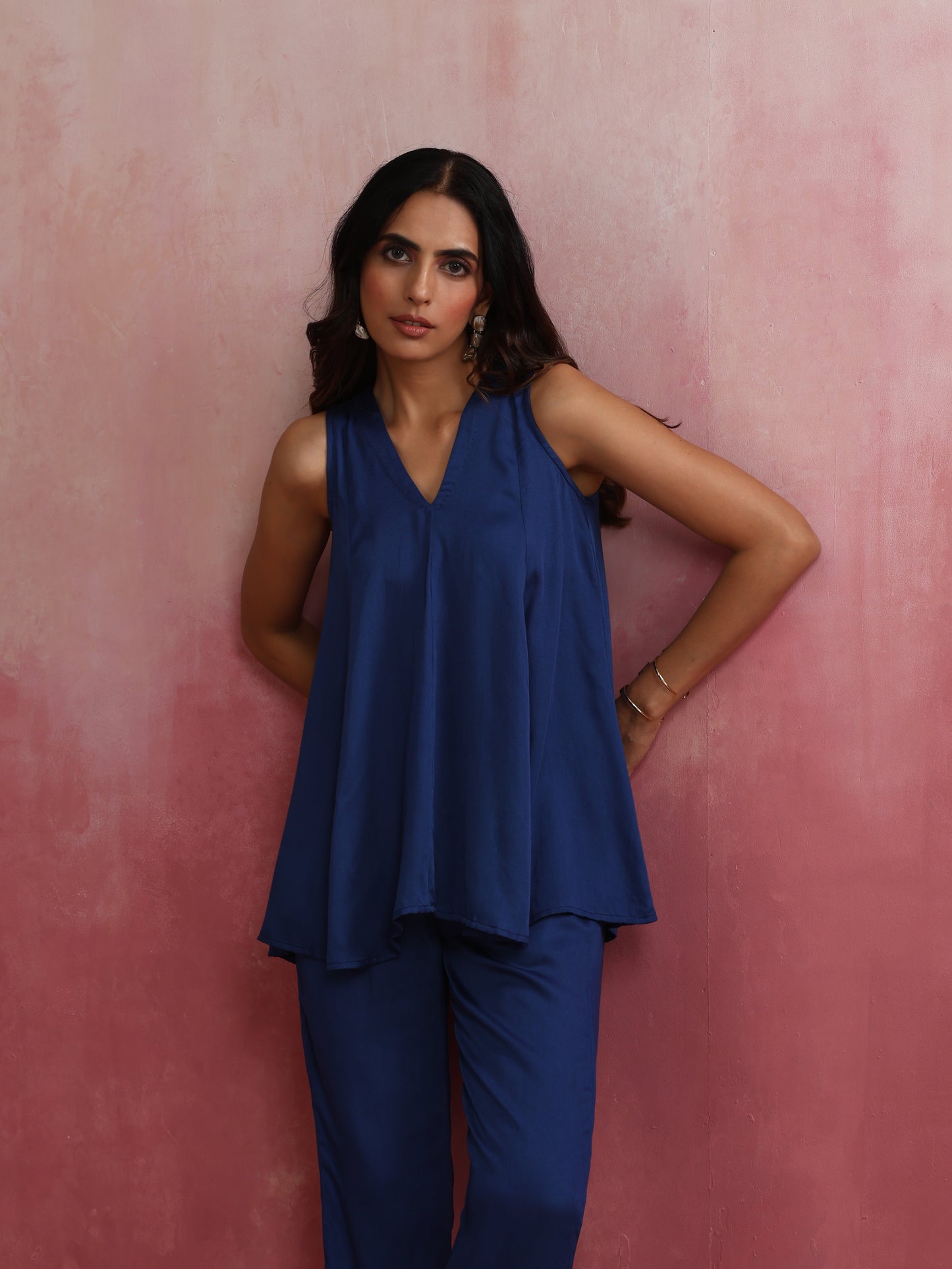 trueBrowns Blue Modal Flared Kurta Co-ord Set - Swadesiicart