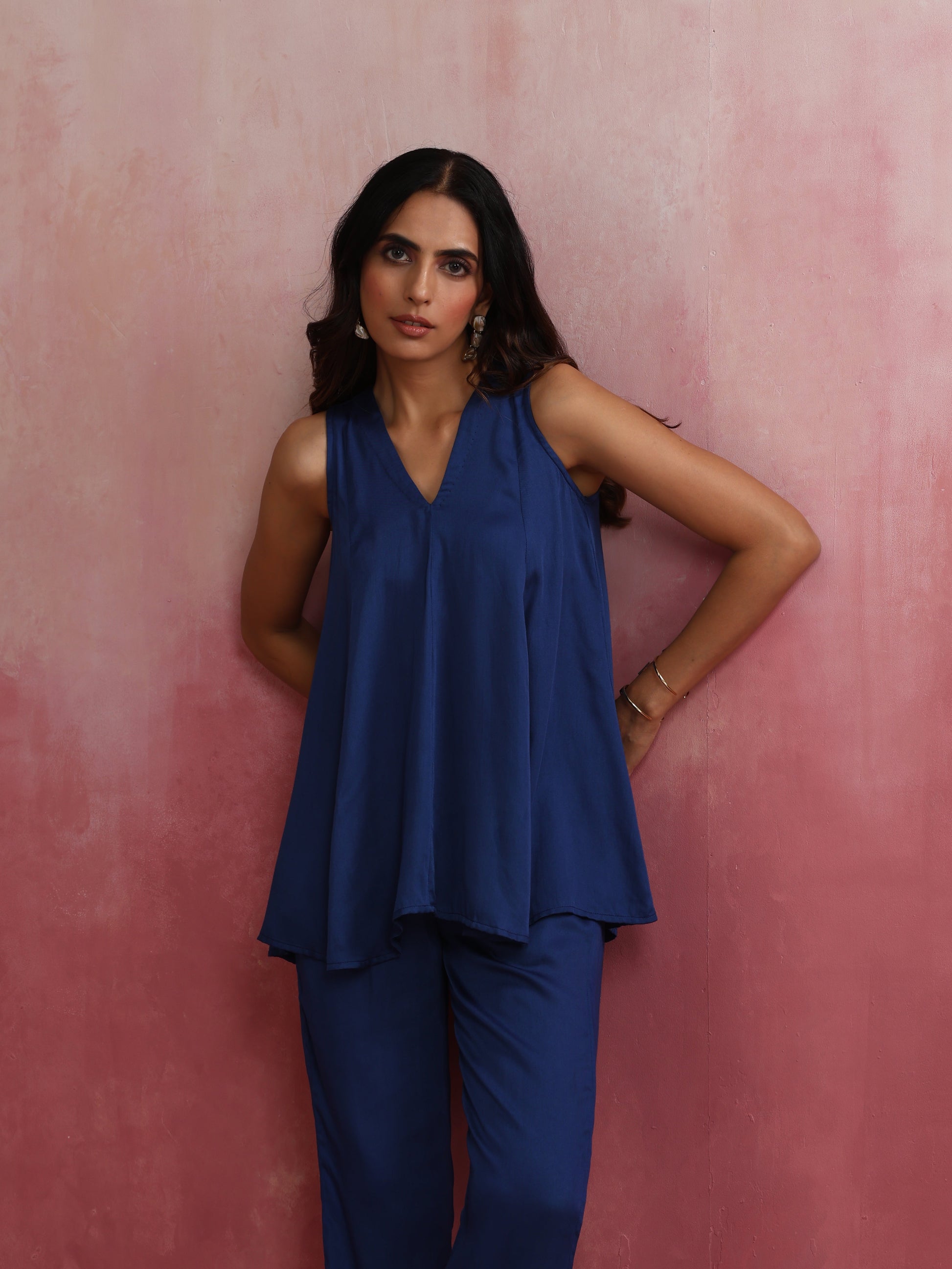 trueBrowns Blue Modal Flared Kurta Co-ord Set - Swadesiicart