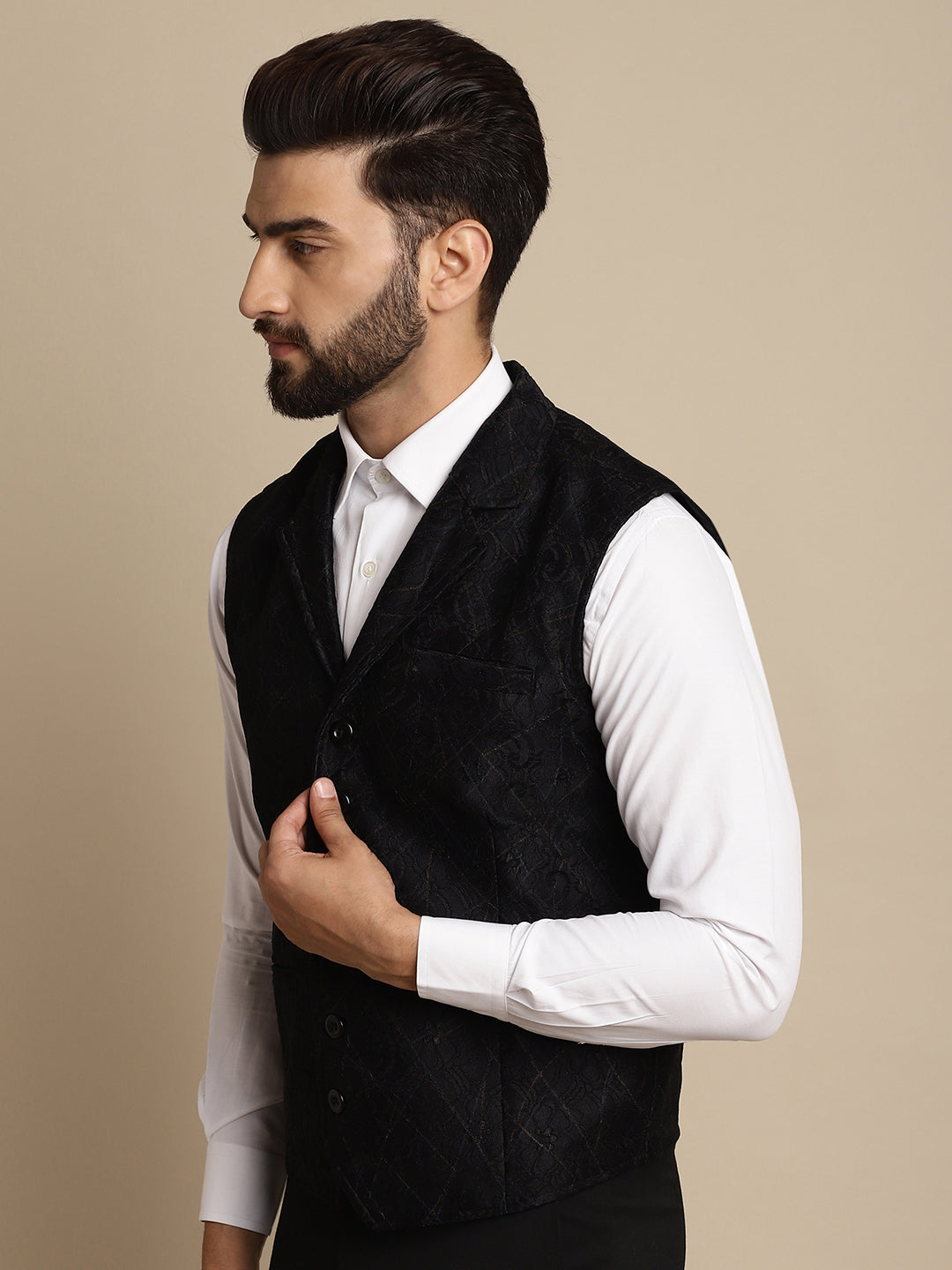 Even Apparels Men's Black Waistcoat with Notched Lapel | Swadesiicart