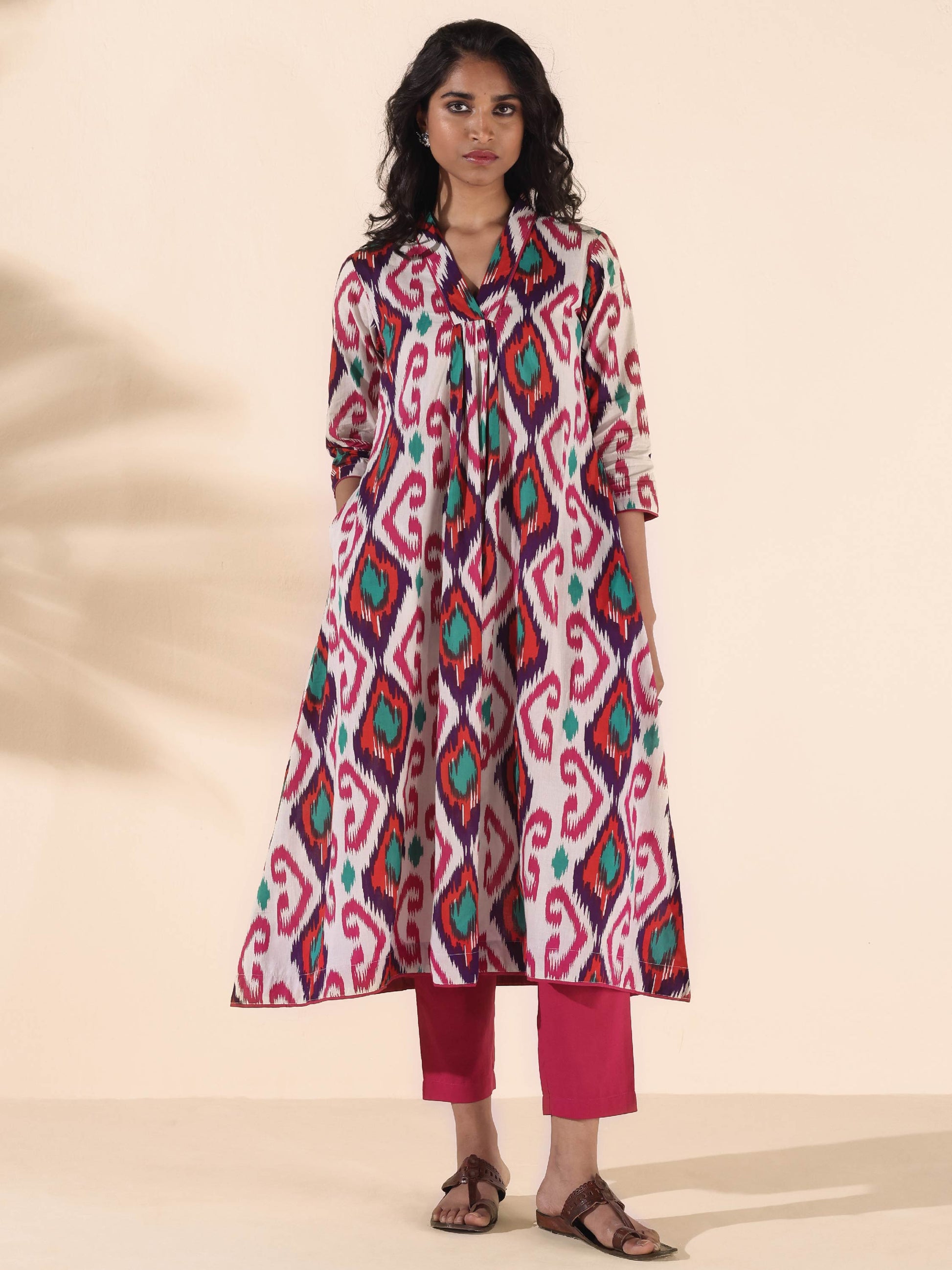 trueBrowns Pink Cotton Ikat Flared Kurta Pant Set | Swadesiicart