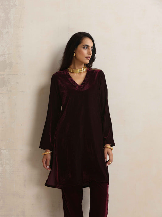 trueBrowns Purple Velvet Kurta Co-ord Set - Swadesiicart